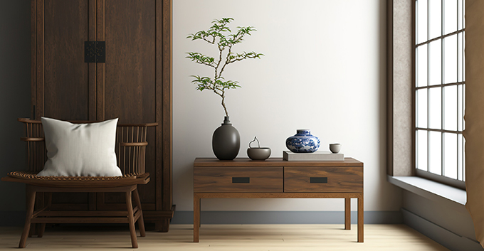 a wooden coffee table with draws, chair and wardrobe in a Japanese styled room