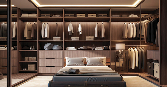 a bedroom with an open wardrobe with shirts handing 